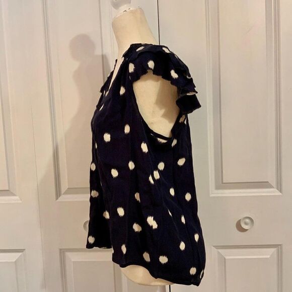 A New Day Navy Blue Circle Print Flutter Short Sleeve Rayon V Neck Top Small New - Picture 6 of 9